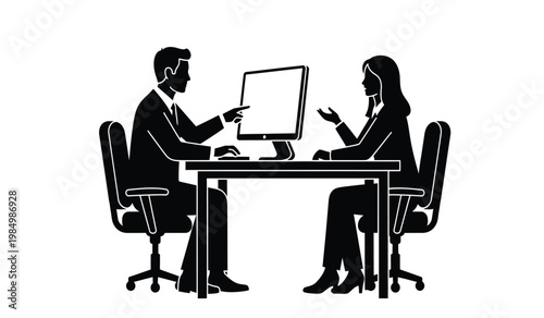 A black silhouette depicts a business meeting with two professionals seated at a desk facing a computer screen silhouette high quality professional detailed modern