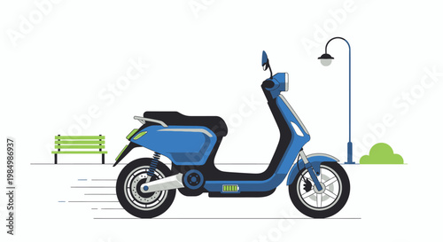 Blue electric scooter illustration with bench and street lamp against white