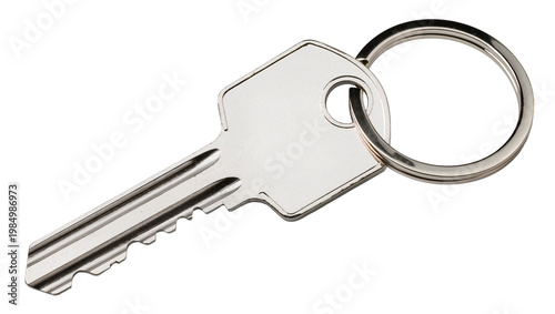 Tablou pe pânză Silver metal house key with serrated edge and keyring, isolated on transparent b