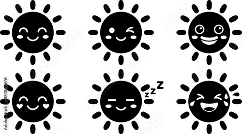 Black sun faces with different emotions smiling winking sleeping and crying