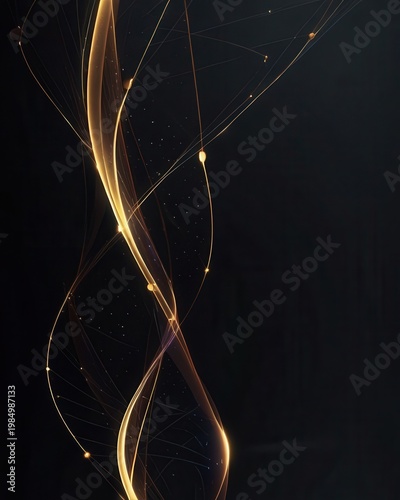 Abstract Data Flow Backdrop with Vertical Glowing Metallic Wave Line and Bright Node Structure