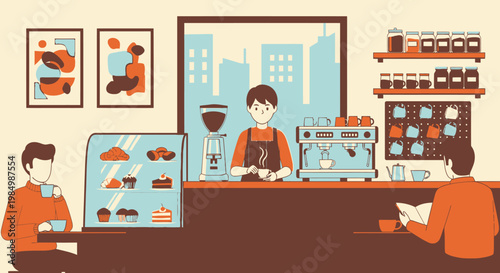 Cafe scene illustration with barista serving coffee to customers indoors