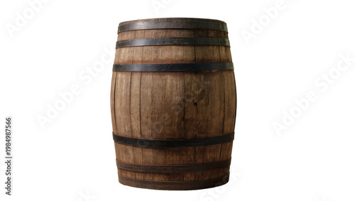 Rustic wooden barrel with metal bands, isolated on transparent background