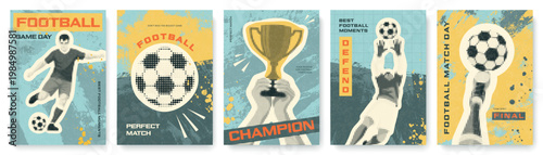 Set of vertical card designs featuring football players and sports equipment in halftone retro style. Collection for soccer championship promotion and fan club activities, vector illustration.