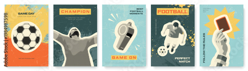 Set of vertical poster designs for football match day in halftone vintage style. Collection for soccer event branding and tournament promotion, vector illustration.