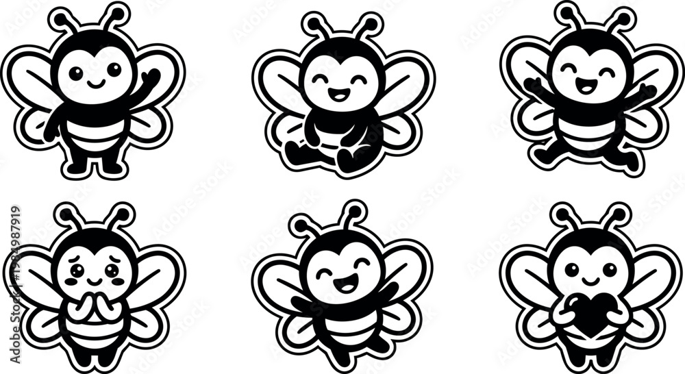 Fototapeta premium Black and white cartoon bee characters with playful and loving expressions vector art