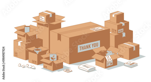 Cardboard boxes illustration shipping packaging with delivery theme on white