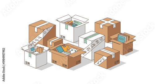 Cardboard boxes of various sizes isolated on white background