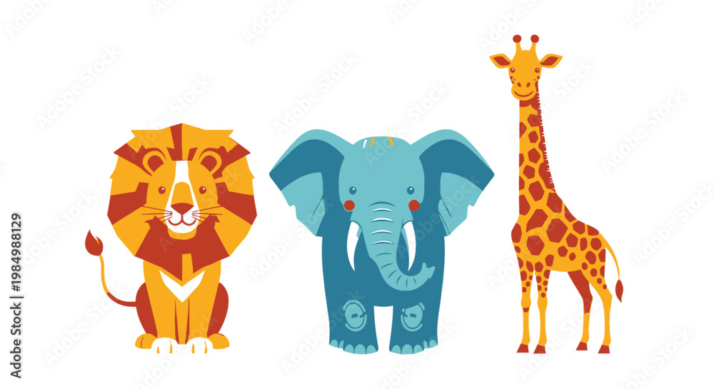 Fototapeta premium Cartoon animals lion elephant giraffe illustrations for childrens education