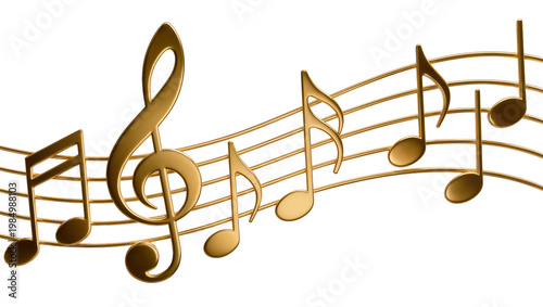 Golden treble clef and musical notes on staff, isolated on transparent background
