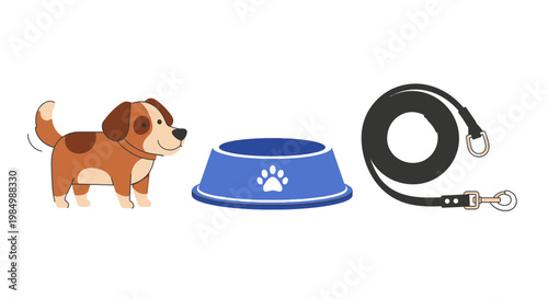 Cartoon dog and accessories food bowl leash isolated on white