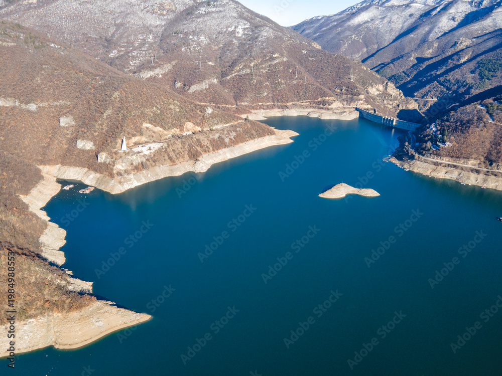 Obraz premium Aerial winter view of Vacha Reservoir, Bulgaria