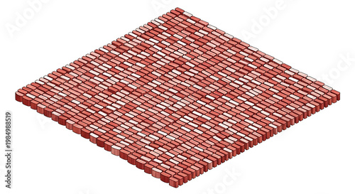 Isometric view of a red and white textured surface composed of numerous small rectangular blocks, suggesting a digital pattern or abstract concept