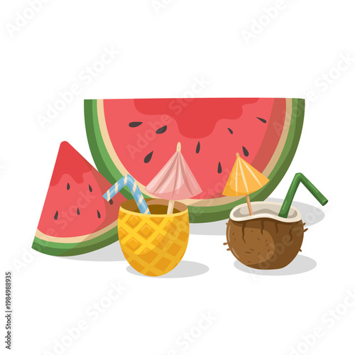 Tropical summer drinks in pineapple and coconut shells with watermelon slices