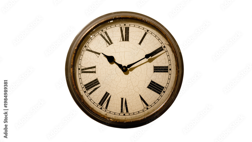 Antique cracked clock face with Roman numerals, isolated on transparent background