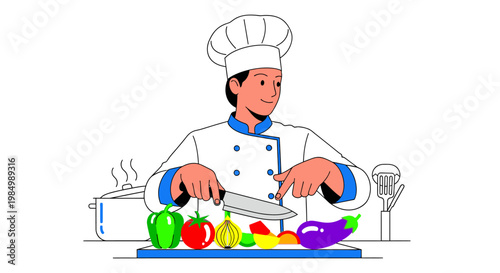 Chef preparing vegetables on a cutting board cartoon illustration