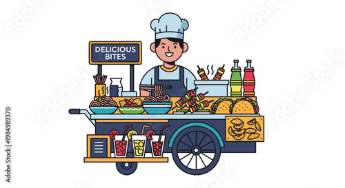 Chef serves delicious food from street cart illustration on white background
