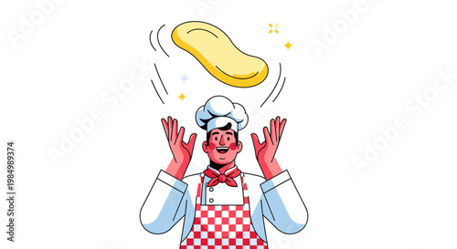 Chef tossing pizza dough illustration cooking preparation isolated on white