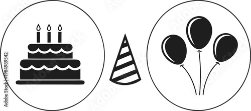 Black and white of birthday cake with candles and party hats