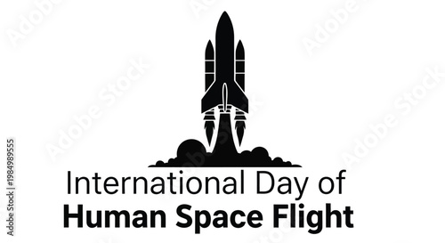 Black silhouette of a rocket launching with text commemorating space flight