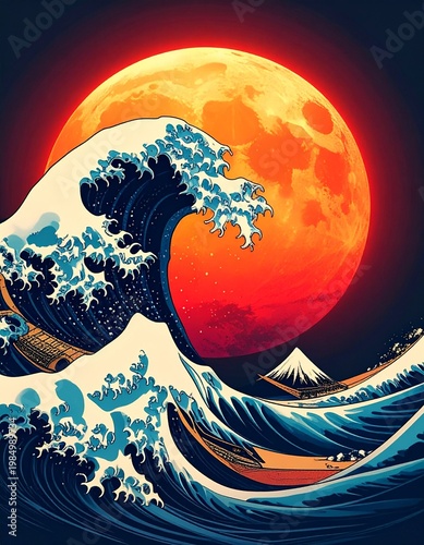 A colossal ocean wave curling dramatically in the foreground. Behind it, a glowing sun dominates the sky, casting an intense, otherworldly light. Snow-capped mountains rise beneath the wave’s arc.