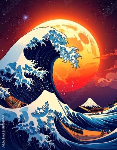 A colossal ocean wave curling dramatically in the foreground. Behind it, a glowing sun dominates the sky, casting an intense, otherworldly light. Snow-capped mountains rise beneath the wave’s arc.