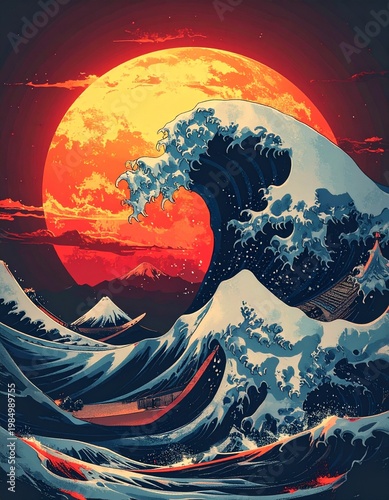 A colossal ocean wave curling dramatically in the foreground. Behind it, a glowing sun dominates the sky, casting an intense, otherworldly light. Snow-capped mountains rise beneath the wave’s arc.