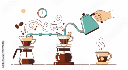 Coffee brewing process illustration showing pour over method with steam and clock