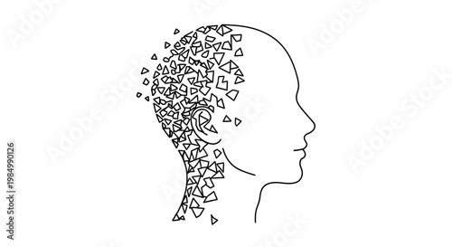 Minimalist outline illustration of a human head dissolving into geometric shards.