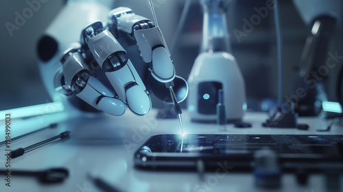 Futuristic robotic hand performing high-precision repair or micro-soldering on a smartphone screen in a high-tech laboratory