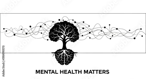 Mental health awareness conceptual illustration with tree brain roots and neural connections.