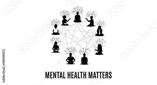 Mental health matters concept with connected human silhouettes and mind clouds.