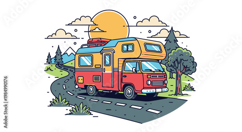 Colorful camper van travels on a winding road with mountain views