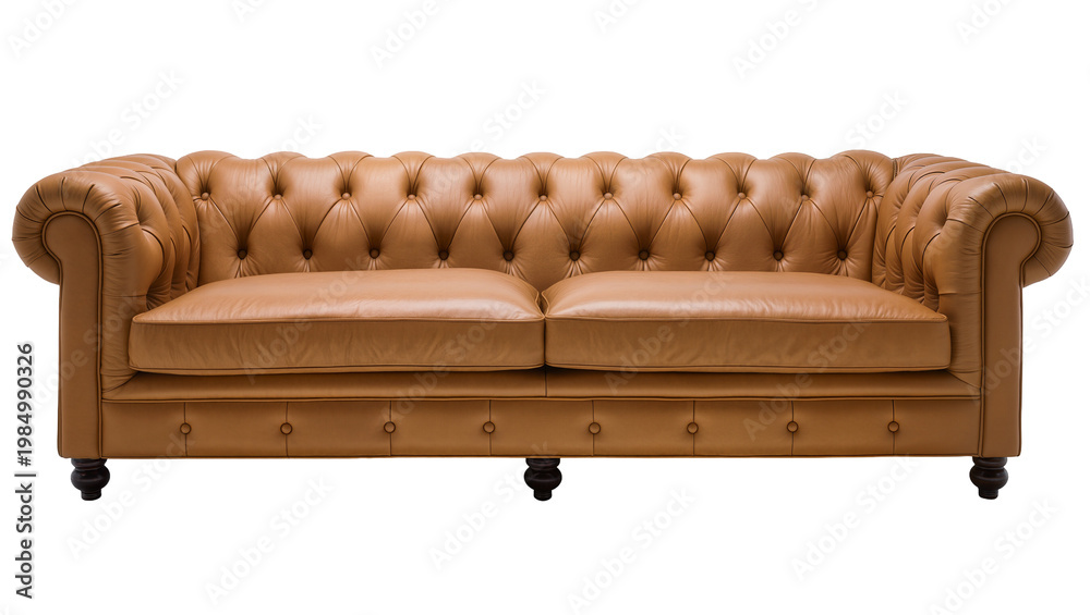 Naklejka premium Luxurious tan leather Chesterfield sofa with deep button tufting, isolated on transparent background