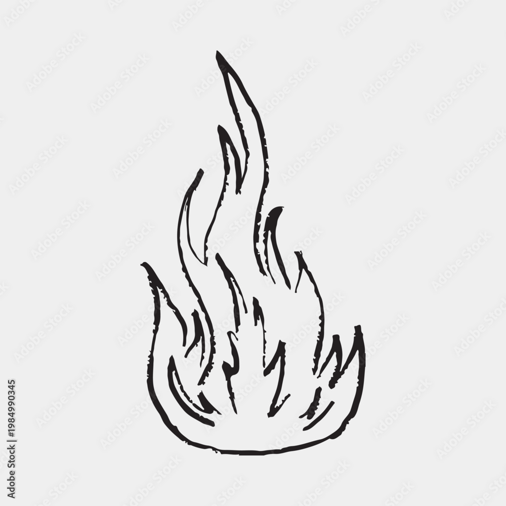 Obraz premium Flame silhouette with textured black outlines. Simple bonfire or wildfire icon. Hand drawn vector sketch illustration in vintage crayon charcoal style.