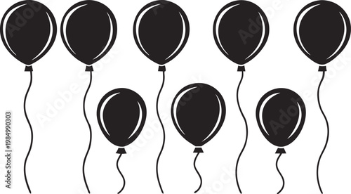 Set of eight black balloons with different shapes and sizes