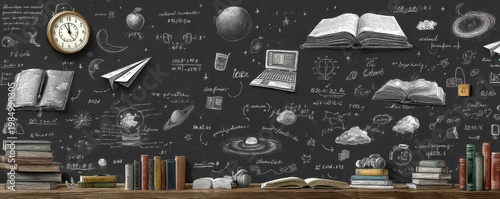 Illustrative chalkboard with books and sketches explores science education themes