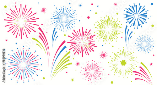 Colorful fireworks display vector illustration on white background