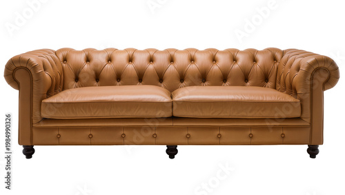 Luxurious tan leather Chesterfield sofa with deep button tufting, isolated on transparent background