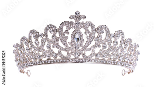 Ornate silver tiara adorned with sparkling rhinestones, isolated on transparent background