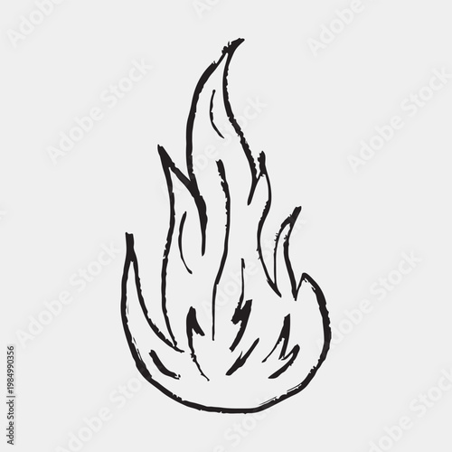 Flame silhouette with textured black outlines. Black and white fire flame. Simple bonfire or wildfire icon. Hand drawn vector sketch illustration in vintage crayon charcoal style.