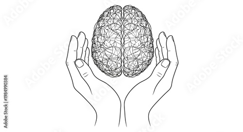 Human hands gently holding a detailed anatomical brain illustration.