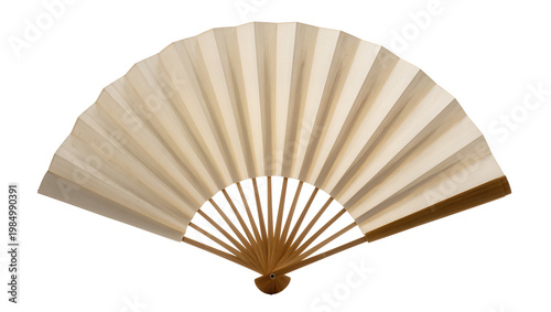 Foto Natural wood folding fan with light beige paper panels, isolated on transparent