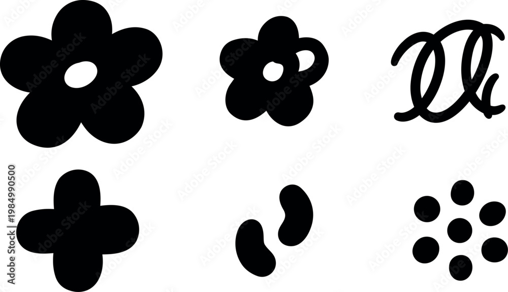 Fototapeta premium Black simple flower shapes plus dots and bean icons vector art