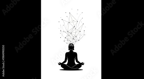 Silhouette of a person meditating with mental activity particles.