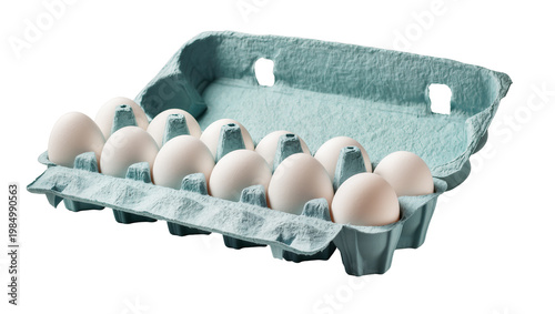 Foto Pale blue egg carton holding a dozen white eggs, isolated on transparent backgro