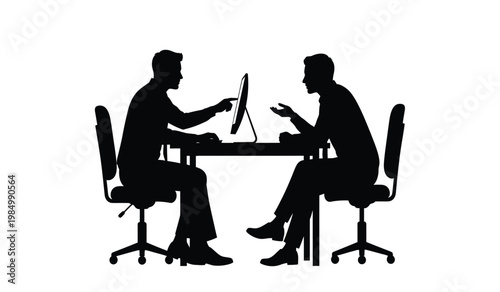 Two individuals are seated at a desk deeply engaged in a discussion with a computer depicted as a silhouette high quality professional detailed modern