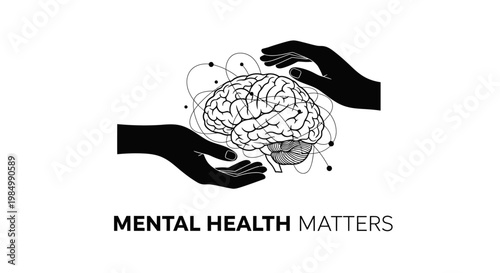 Mental health matters concept with human brain and hands.