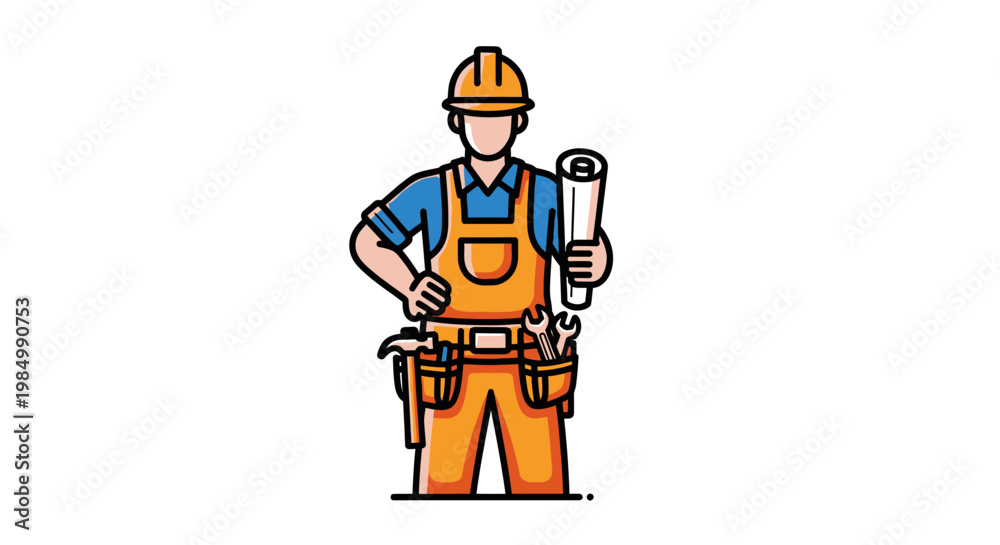 Fototapeta premium Construction worker holding blueprint ready for building project isolated