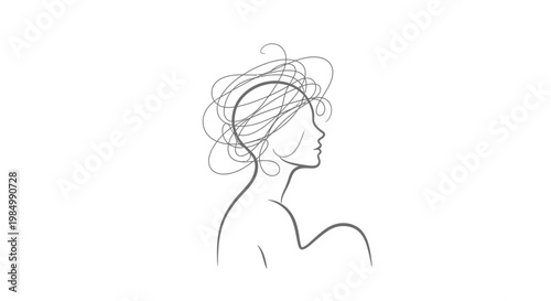 Minimalist line art illustration of a woman with a chaotic tangled thought process.